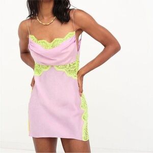 For Love & Lemons Lilac Silky Slip Dress Lace Trim Purple Pink NWT Size M